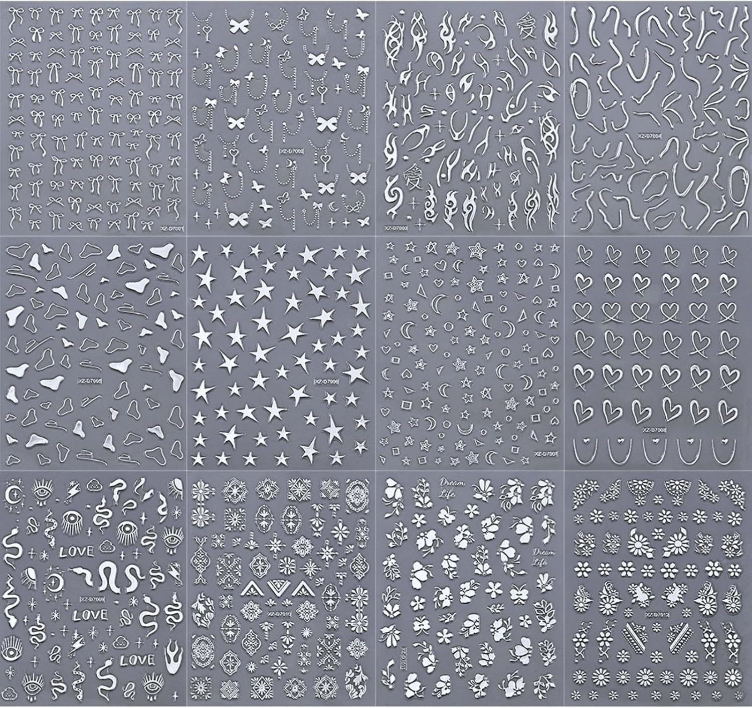12 Sheets Silver Nail Art Stickers, 3D Self-Adhesive Bronzing Sun Moon Stars Bow