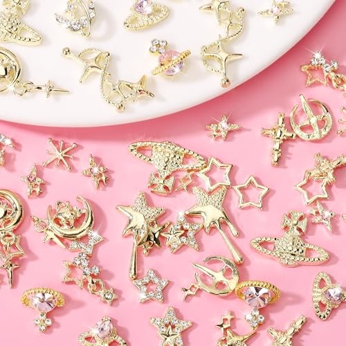 60PCS Gold Nail Charms Cross Star Charms for Nails 3D Saturn Planet Nail gold