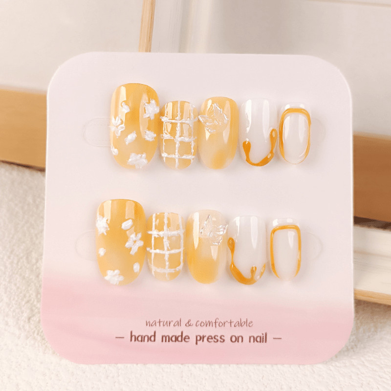 48pcs Short Square Press on Nails, Yellow Ombre 3D Flower Grid Casual Nails