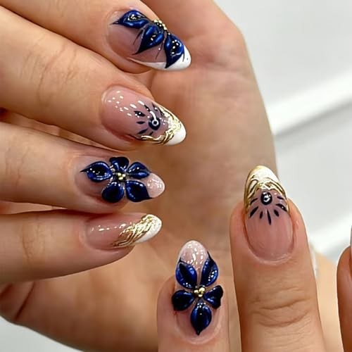 24Pcs Blue Floral Press on Nails Almond Shape Chrome Gold French Tip B-Nails-2