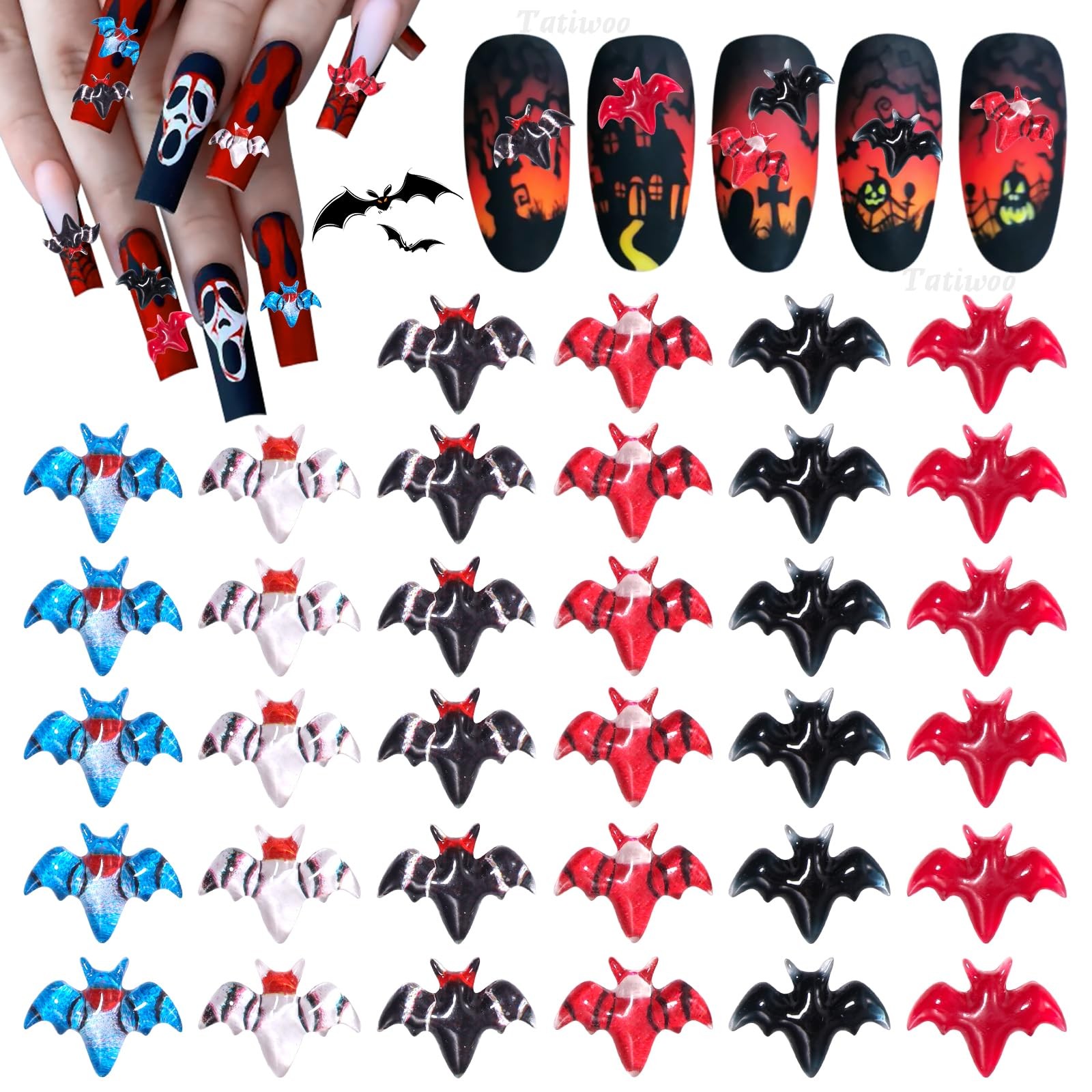100 Pcs Bat Nail Charms Mini Figurines, 6 Styles Resin Flatback Bat Halloween…
