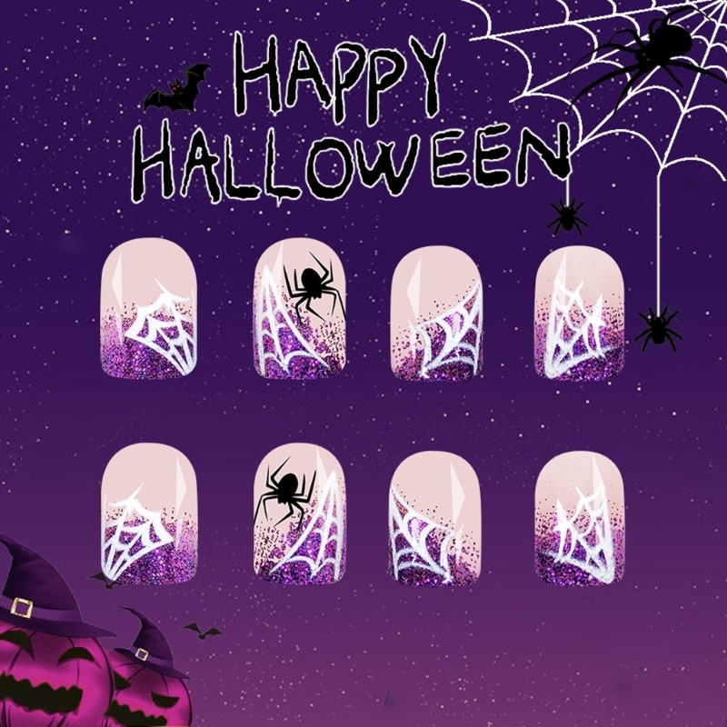 Halloween Glittering Spiderweb White False Nail With Cobweb Design ABS Plastic
