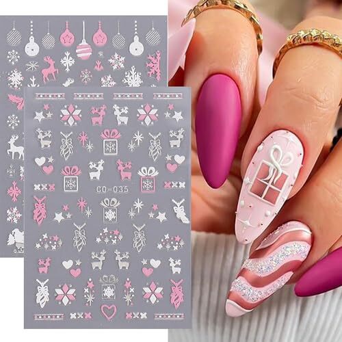 Christmas Pink Nail Art Sticker Decals 3D Self-Adhesive Pink White Snowflake