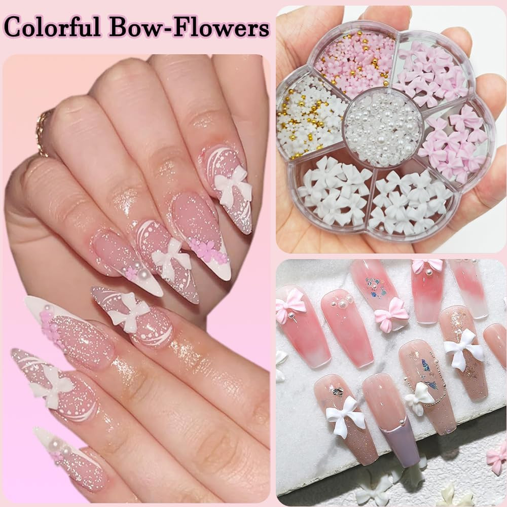 Nail Charms, Flower Bow Manicure Kit, Pink White 3D Cute Flower and Bow Nail Cha