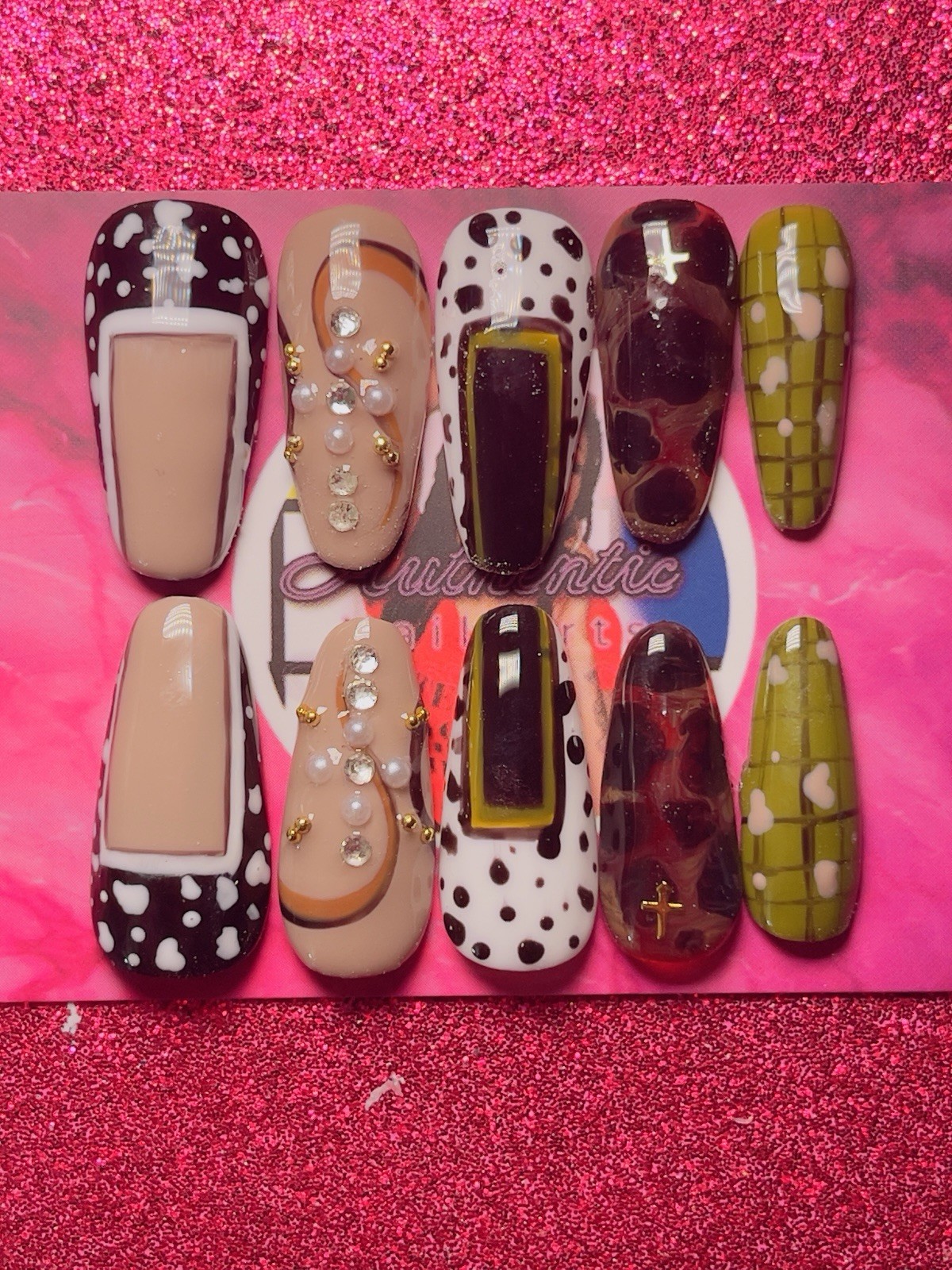 Long Coffin Press-On Nails Multicolor 3D Shiny by Nail Arts by Dia