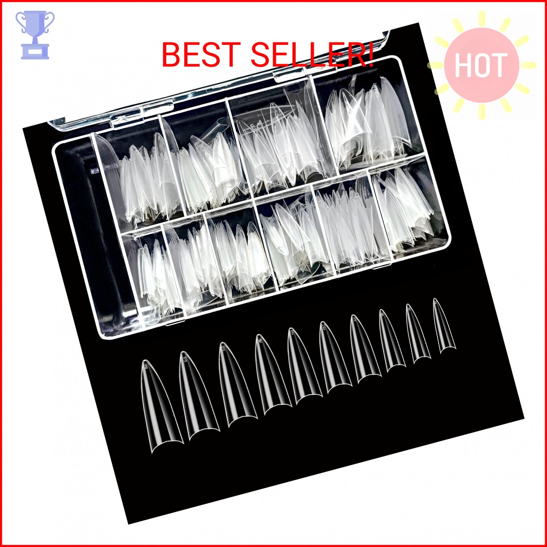 BeYou Clear Long Stiletto 500pcs False Fake Gel Nail Tips,10 Sizes With Clear Pl