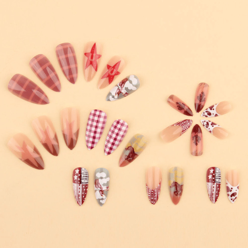 48Pcs-Long Almond Western Cowboy Plaid Star Cow Print Fake Press on Nails Set