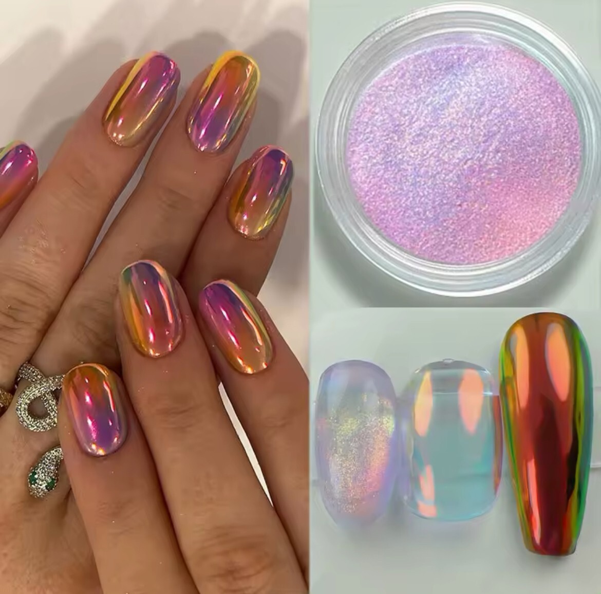 Aurora Chrome Nail Powder Colours Unicorn Rainbow Mirror Mermaid Shiny Nails
