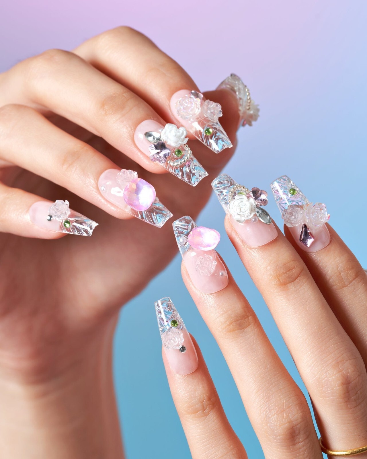 10 Piece 3D Reusable Handmade Press On Nails Crystal Blossom
