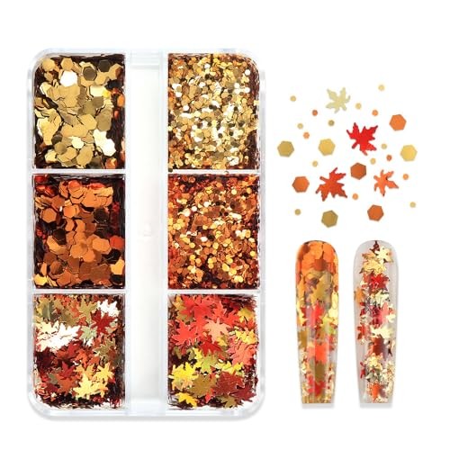 1 Box 6 Color Holographic Hexagonal Nail Glitter Fall Maple Leaf Nail YHN31
