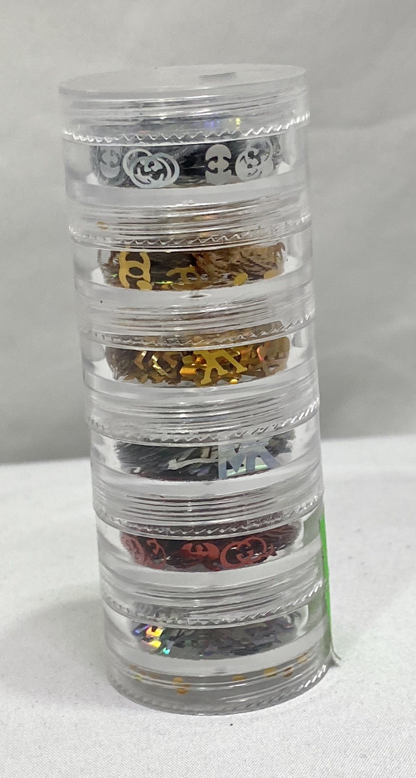 Nail Art Foil Decals- Designer Logos. 6 Pk-Sealable Containers- LV, Chanel, MK