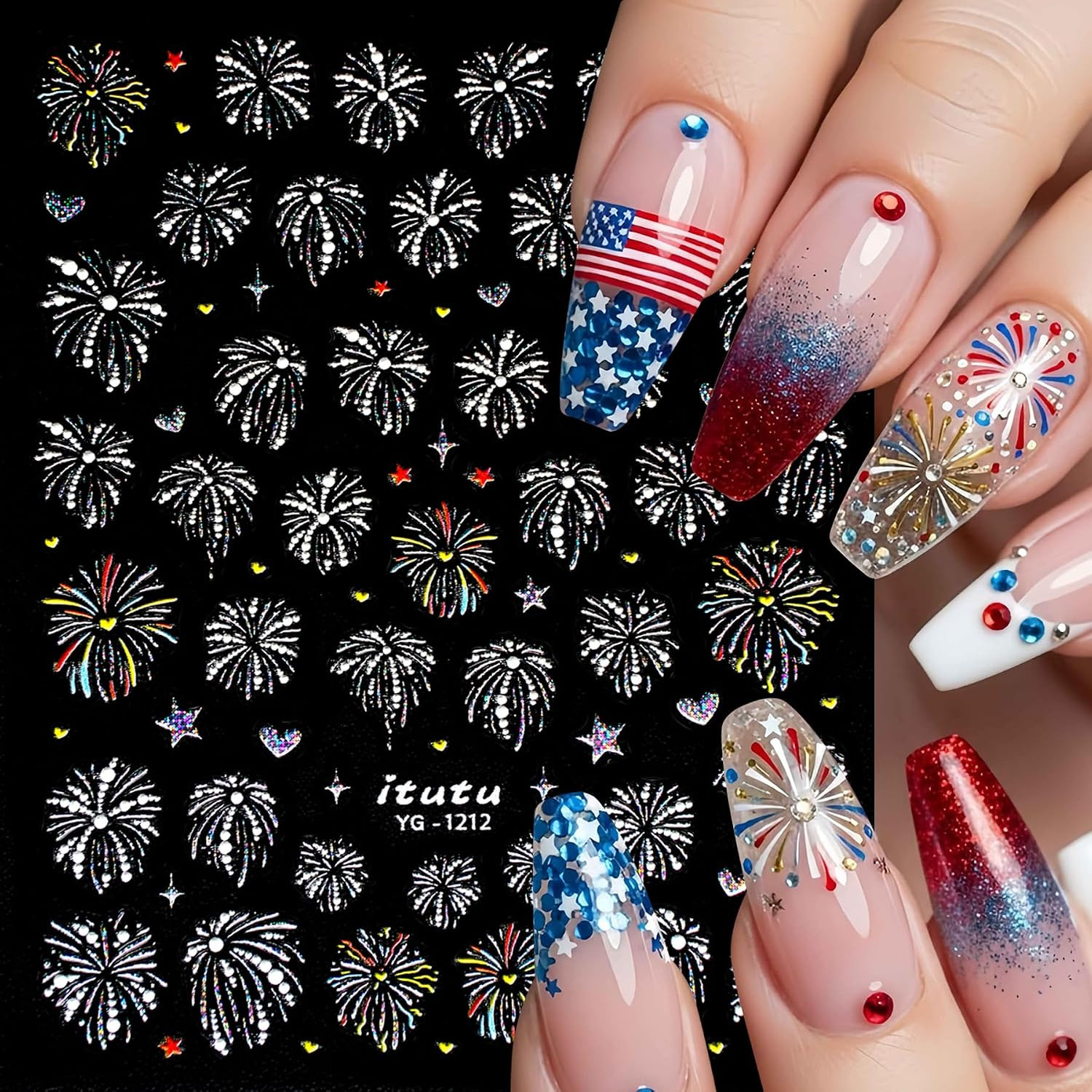 3 Sheets Fireworks Nail Stickers 5D Embossed Colorful Fireworks Nails Decals Aur