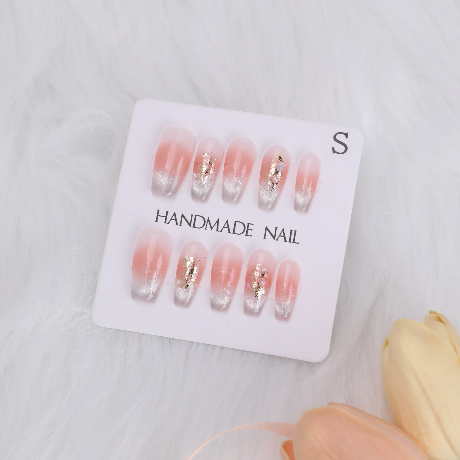 Blush Gradient Cat Eye Coffin Nails Gold Foil Glitter Press On False Nails Brida