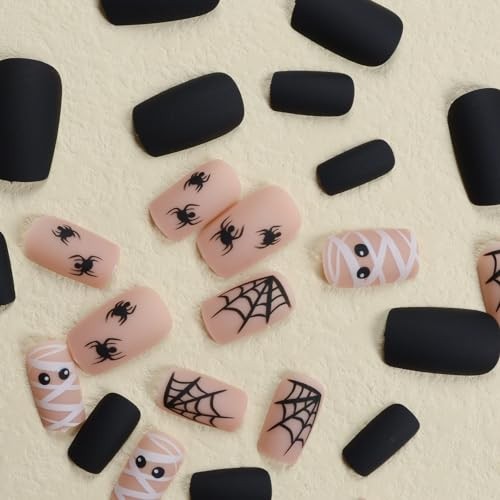 24 Black Halloween Spider Web Square Press On Nails – Women’s Party