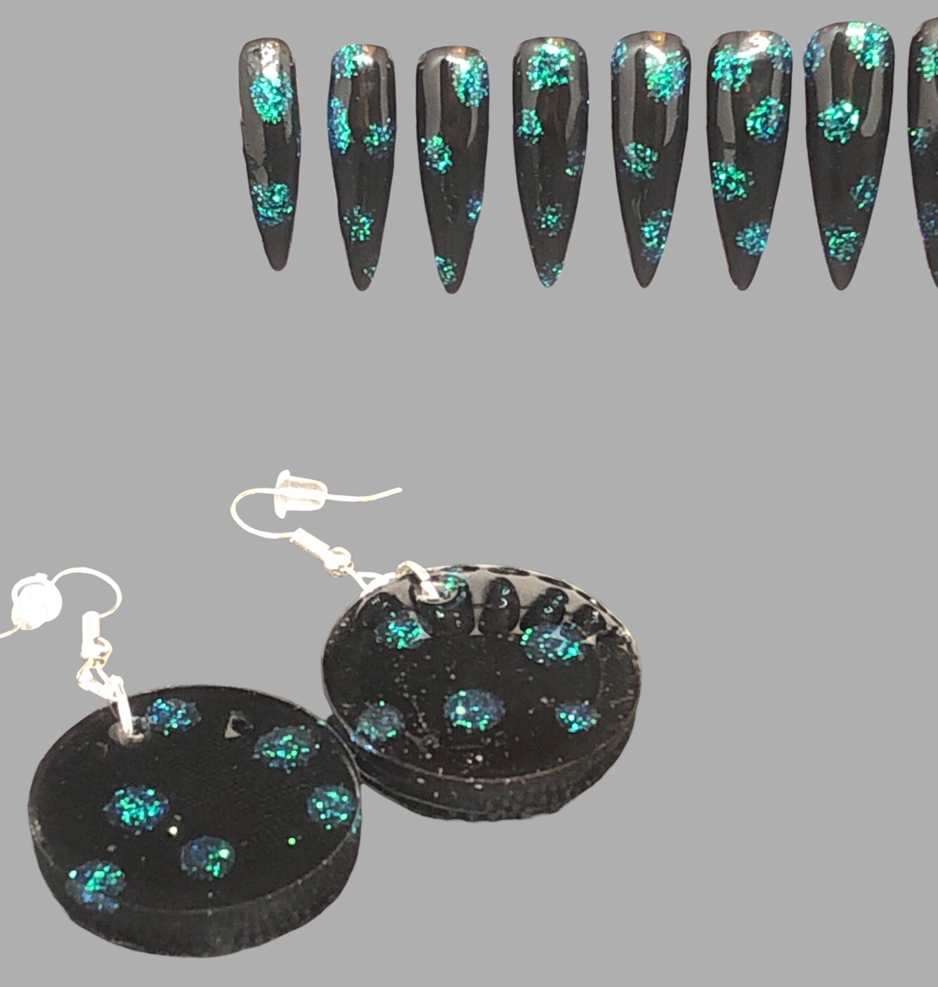 Custom Handmade Press On Nails Long Almond Black & Teal Plus Matching Jewelry