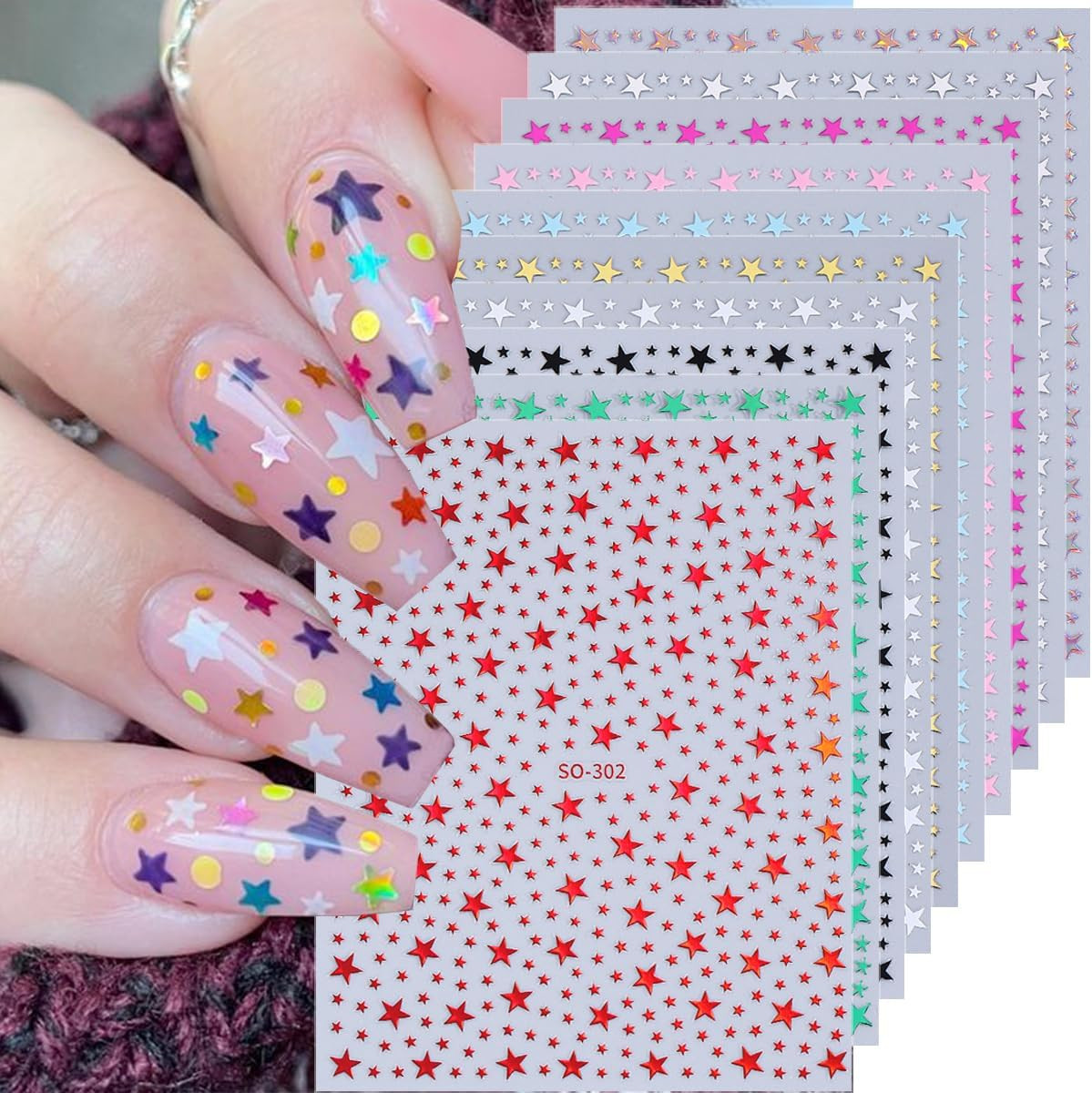 10 Sheets Star Nail Stickers for Nail Art 3D Self-Adhesive Shiny Pentagram Nail