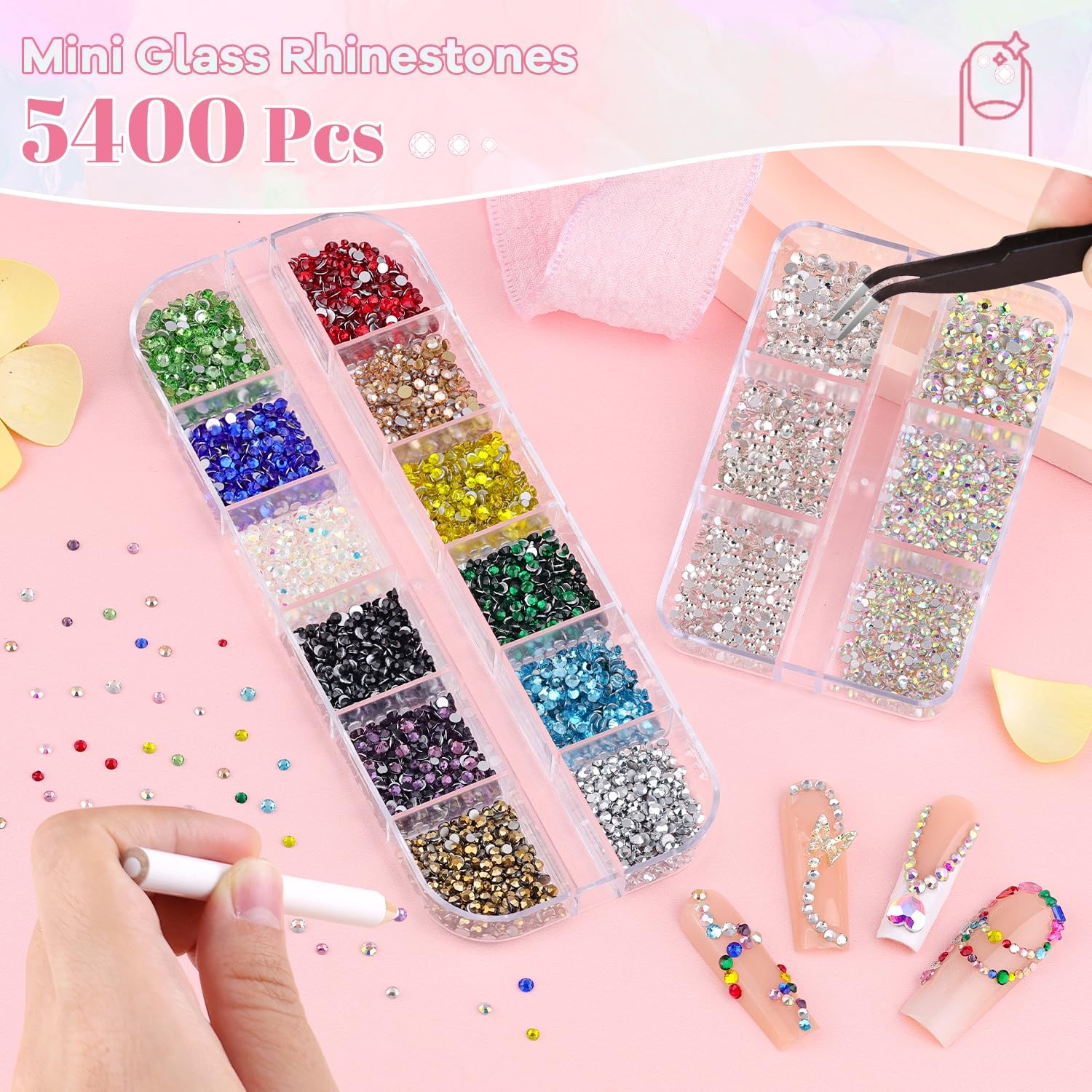 5400Pcs Small Glass Crystal Nail Rhinestones for Nails Colorful Nail Gems