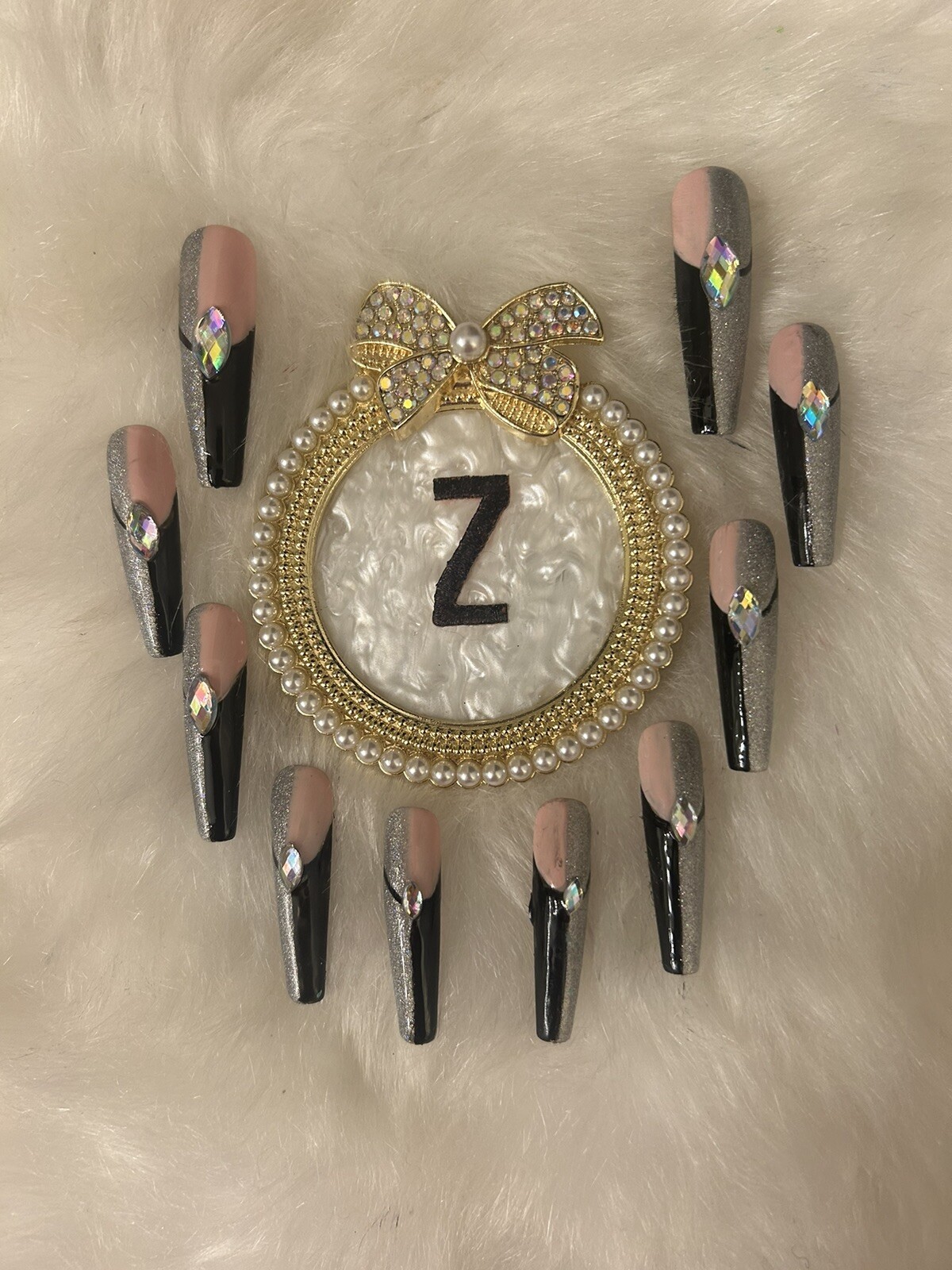 Z NAILZ! Gorgeous Set Of Handmade Black/Pink/Silver 2XL Square Press On Nails