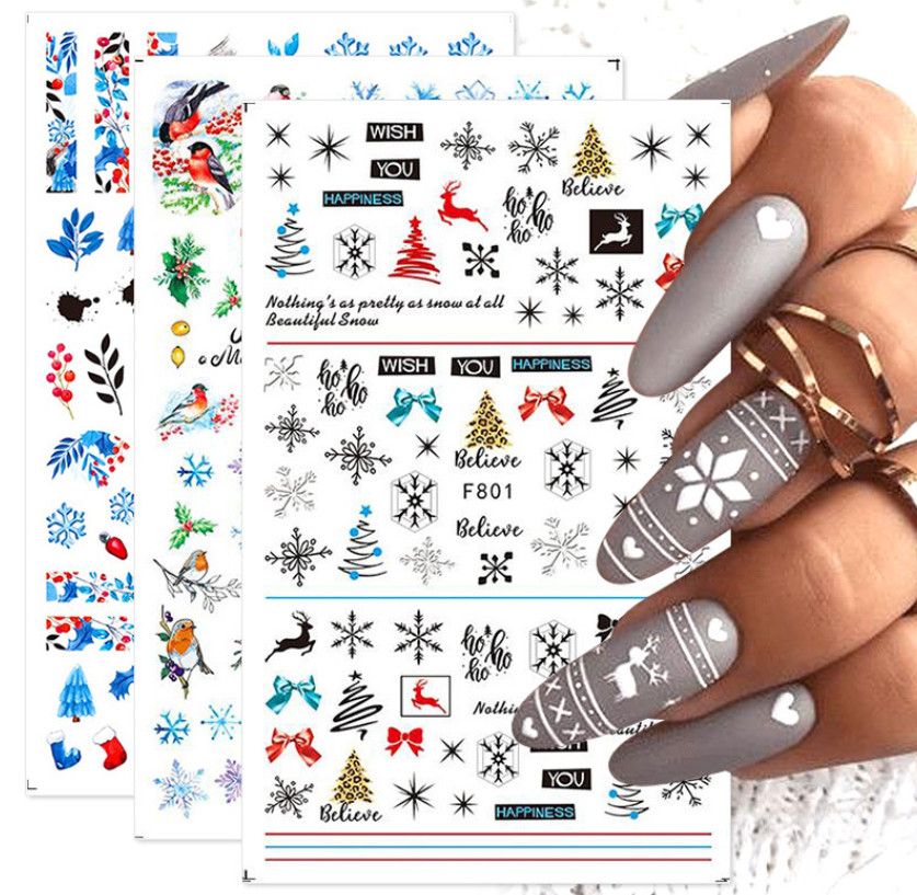3D Nail Art Stickers Decals Christmas Snowflake Gingerbread Man Robin Holly Fern