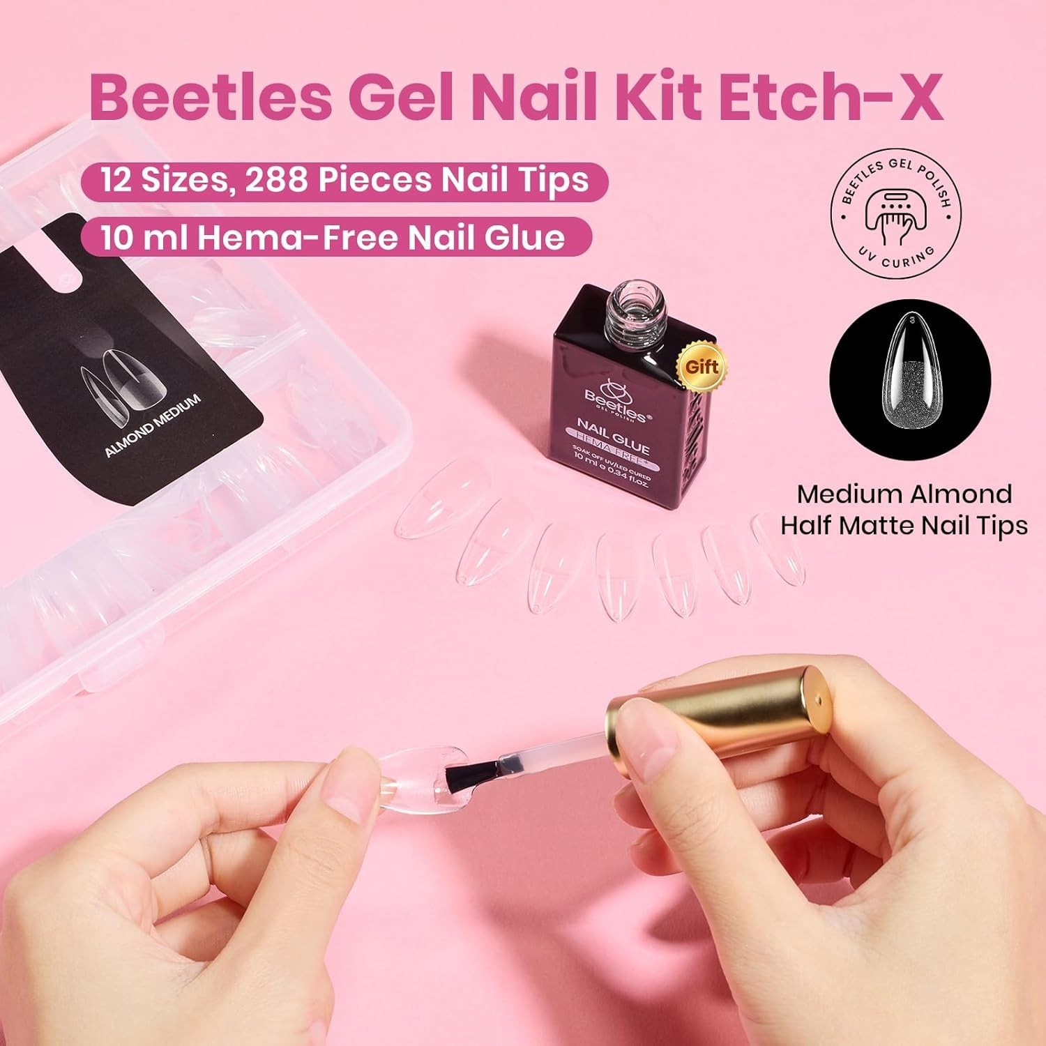 Beetles Gel Nail Kit Etch-X, Almond Medium, 288pcs 12 Sizes Nail tips, with 1…