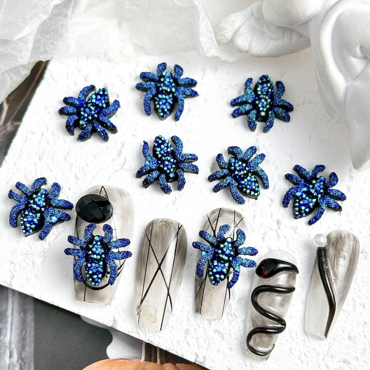 60Pcs Halloween Nail Charms Glitter Blue Spider Nail Rhinestones 3D Resin Bla…