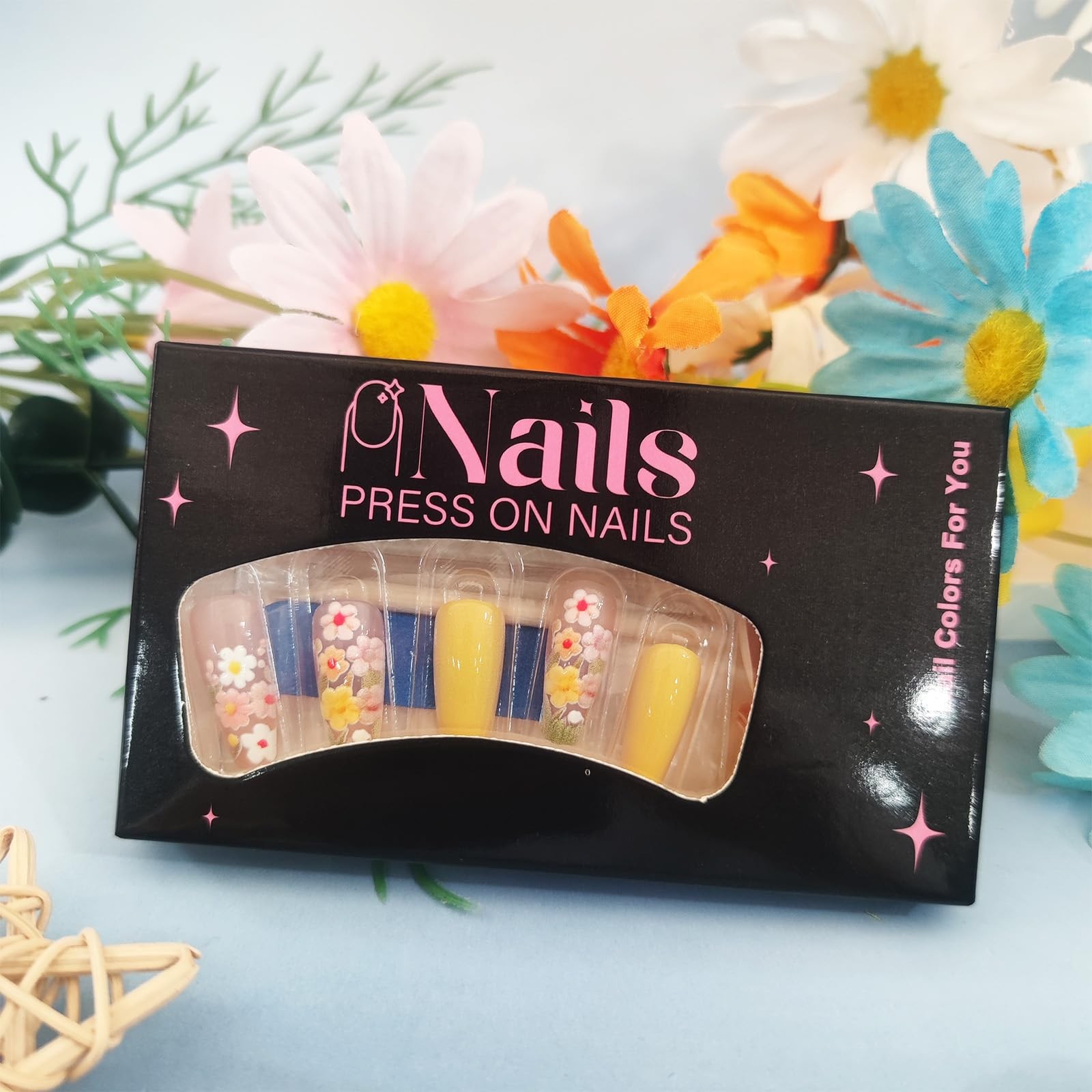24Pcs Flower Press on Nails Wild Flower Acrylic Full Cover Fake Nails Yellow …