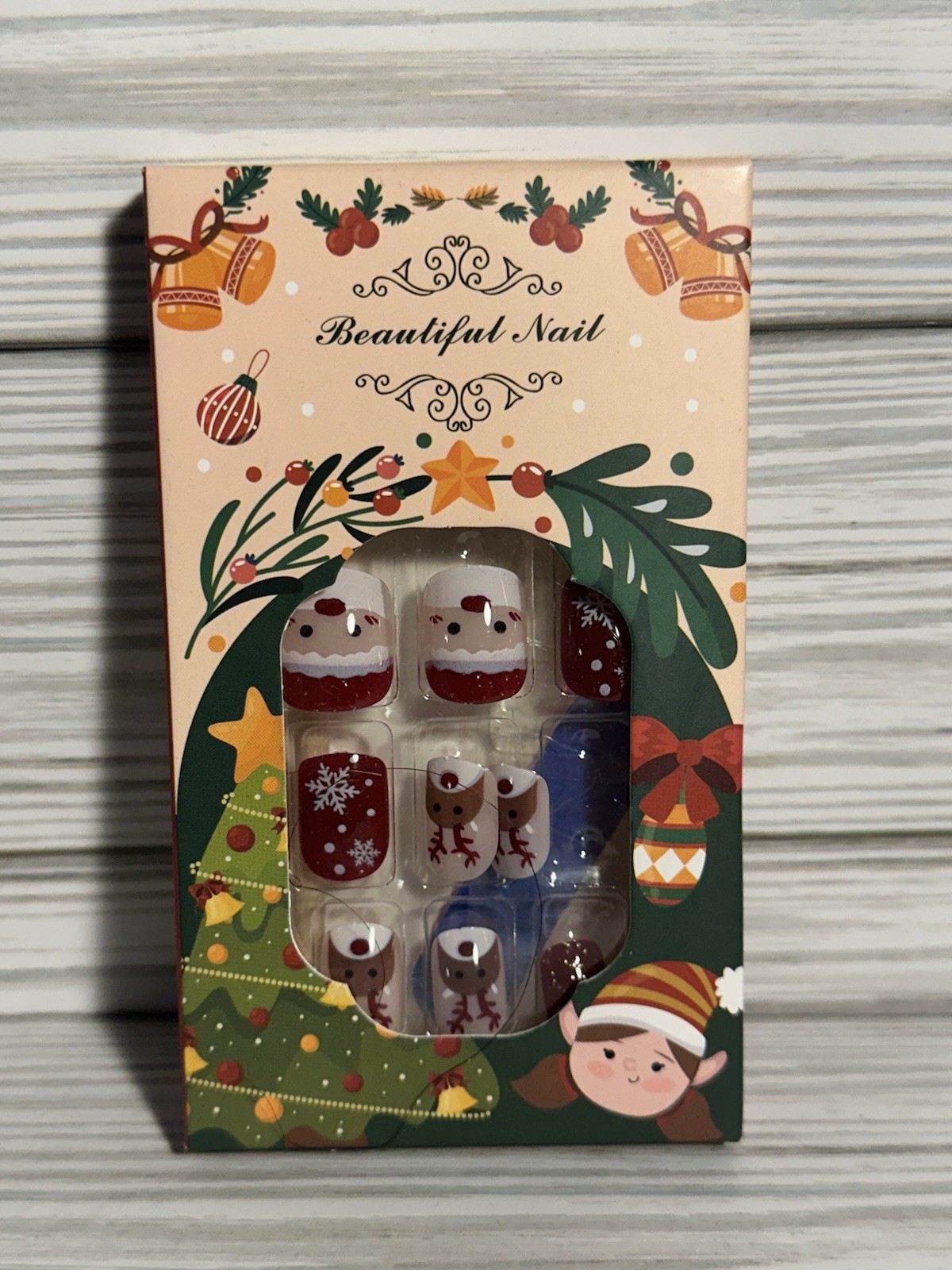 Pink Nude Press On Nail Set with Festive Santa Reindeer & Snowflake Designs