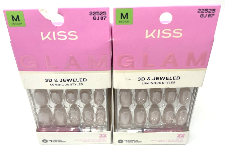 (2) Kiss Glam 3D & Jeweled Press-On Nails New In Packaging 22525 GJ07 – Ripple