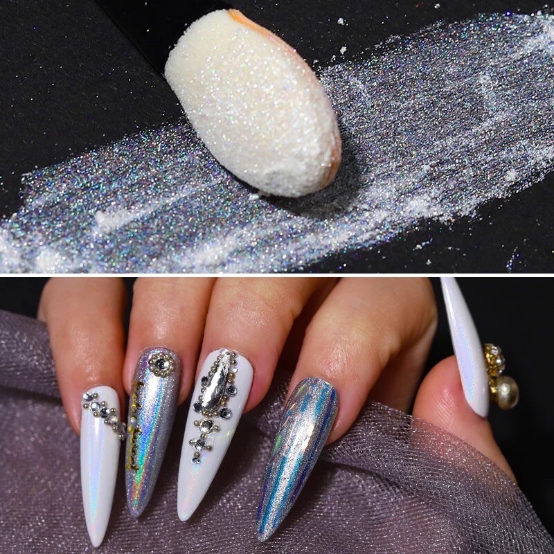 White Holographic Nail Chrome Powder Transparent Effect Clear Unicorn Rainbow