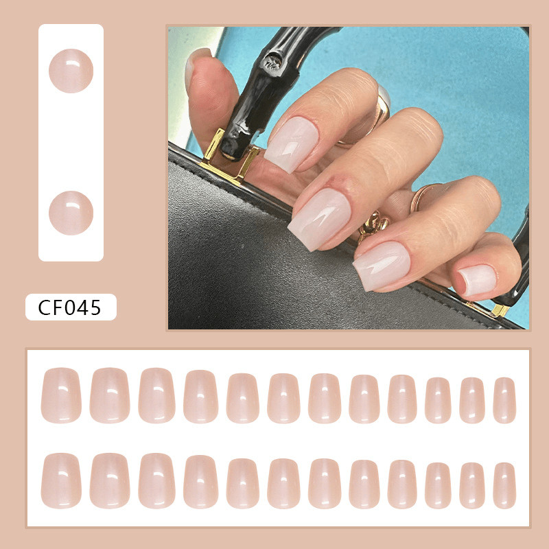 48pcs Short Square Press on Nails, Milky Nude Clear Solid Gloss Daily Manicure