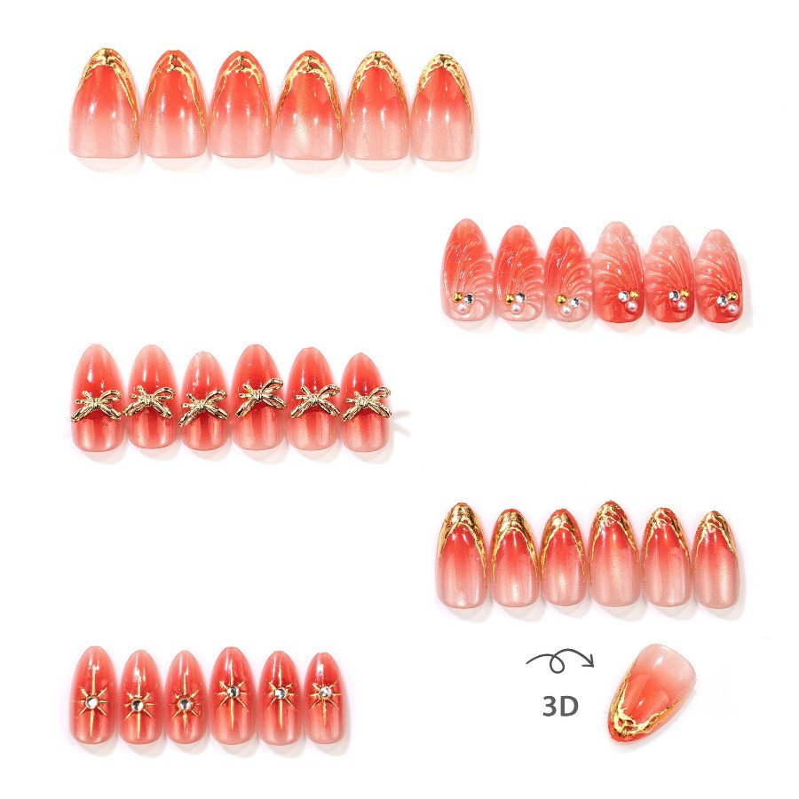 60Pcs-Long Almond Red Cat Eye Gradient Gold Bow Star Rhinestone Press on Nails