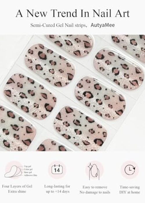 Semi Cured Gel Nail Strips (), Brown, 20 Pcs Fall Gel Leopard Print Cat Eye