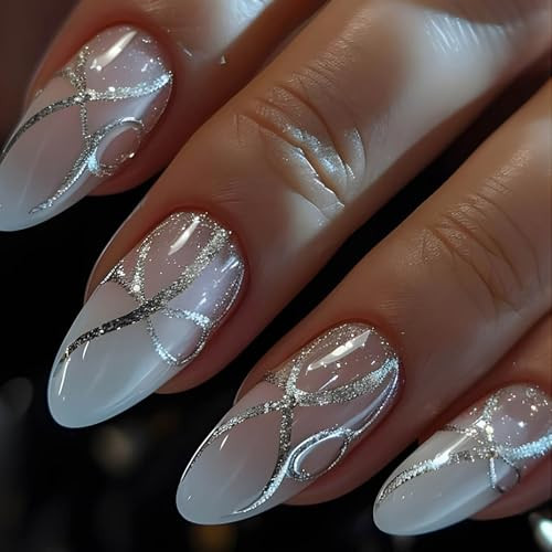 Press on Nails Short,Almond Fake Nails,White Gradient Full Cover Glue style18