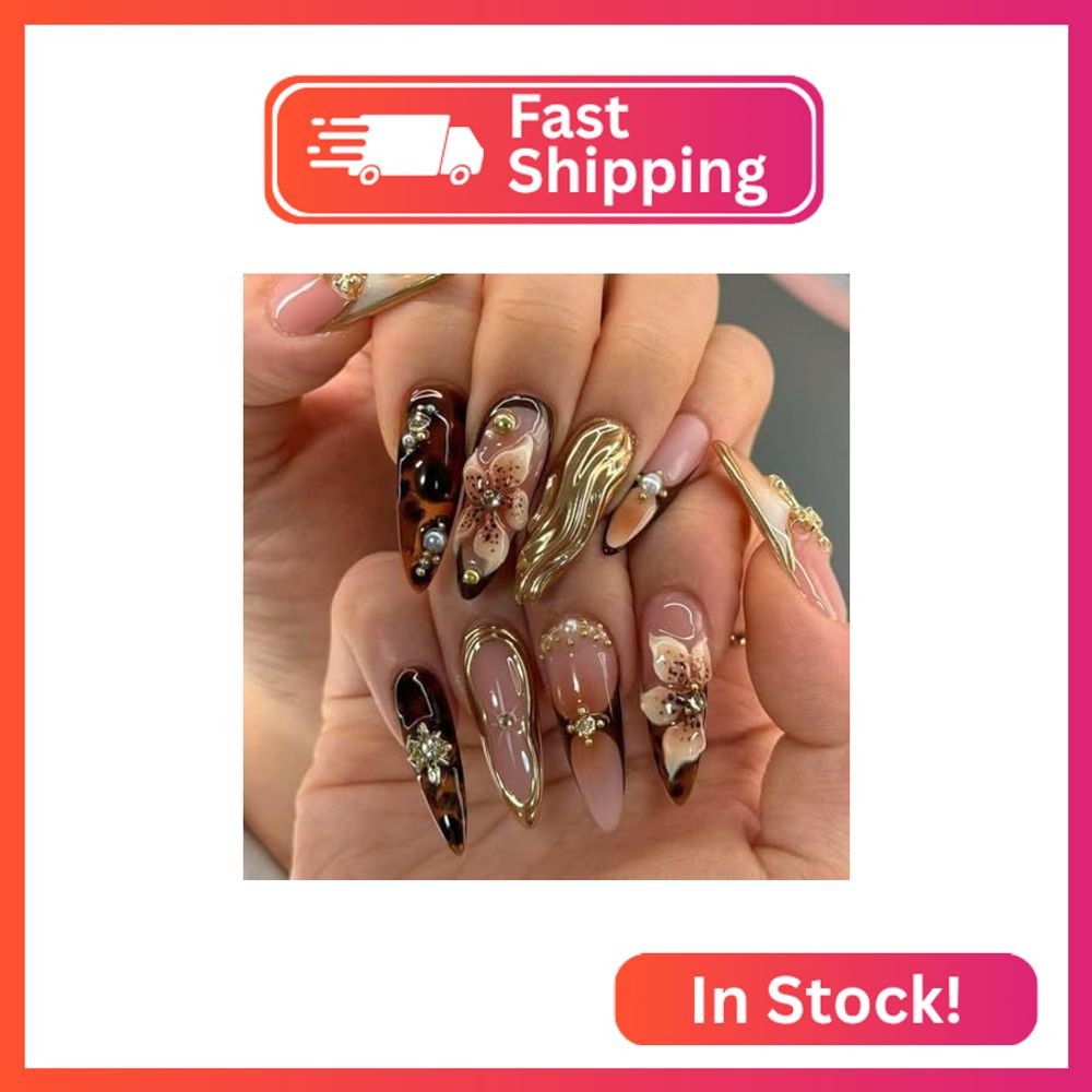 OHWODA 3D Handmade Press on Nails Brown Almond Fake Nails with Stereoscopic Flow