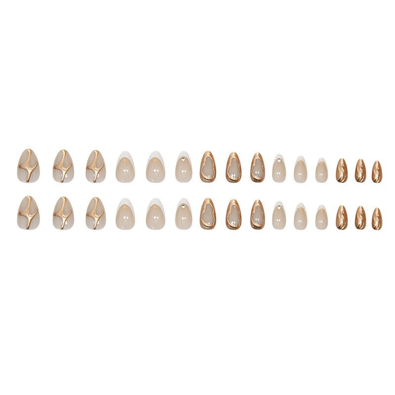 24pcs French Style Starburst 3D Golden press on Nails, Medium Almond Shape