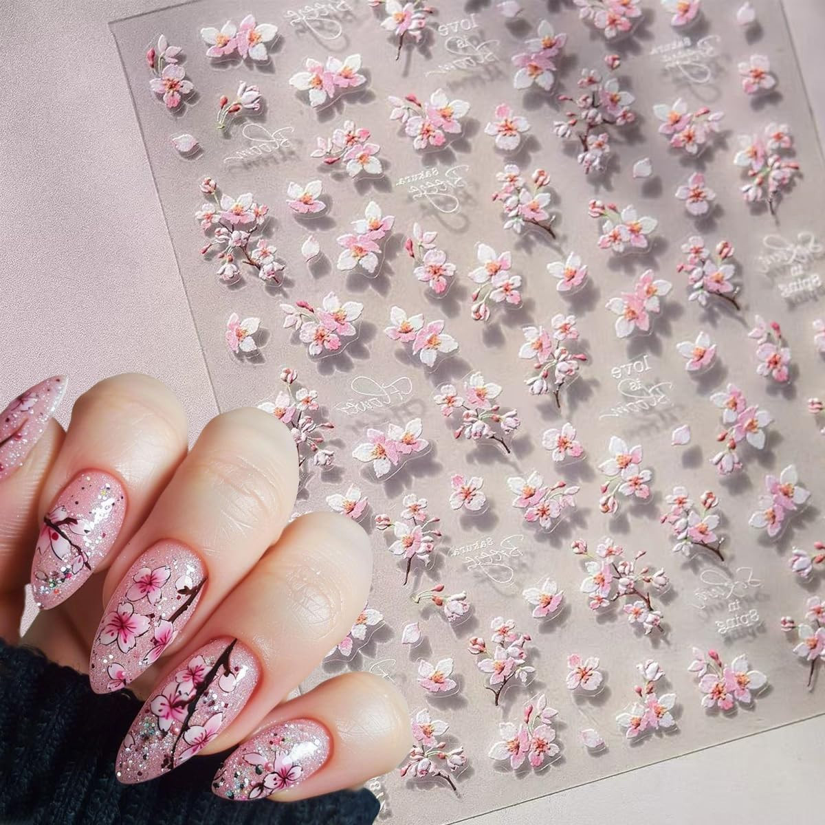 1Pcs Spring Nail Stickers Pink Cherry Blossoms Nail Decals 3D Self Adhesive Flow