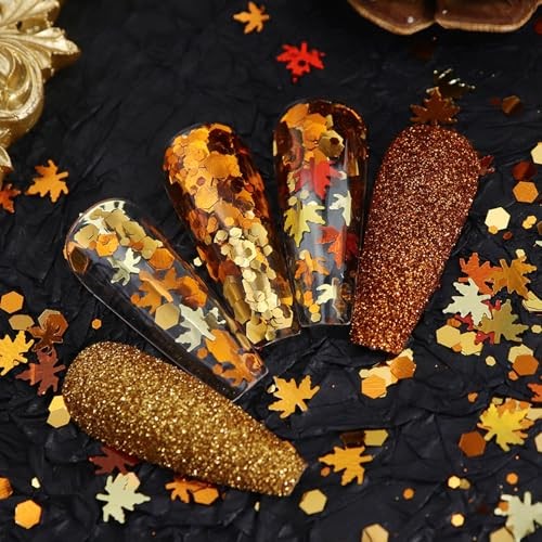 6-Grids Fall Maple Leaf Nail Art Glitter Sequins 3D Holographic Gold Orange