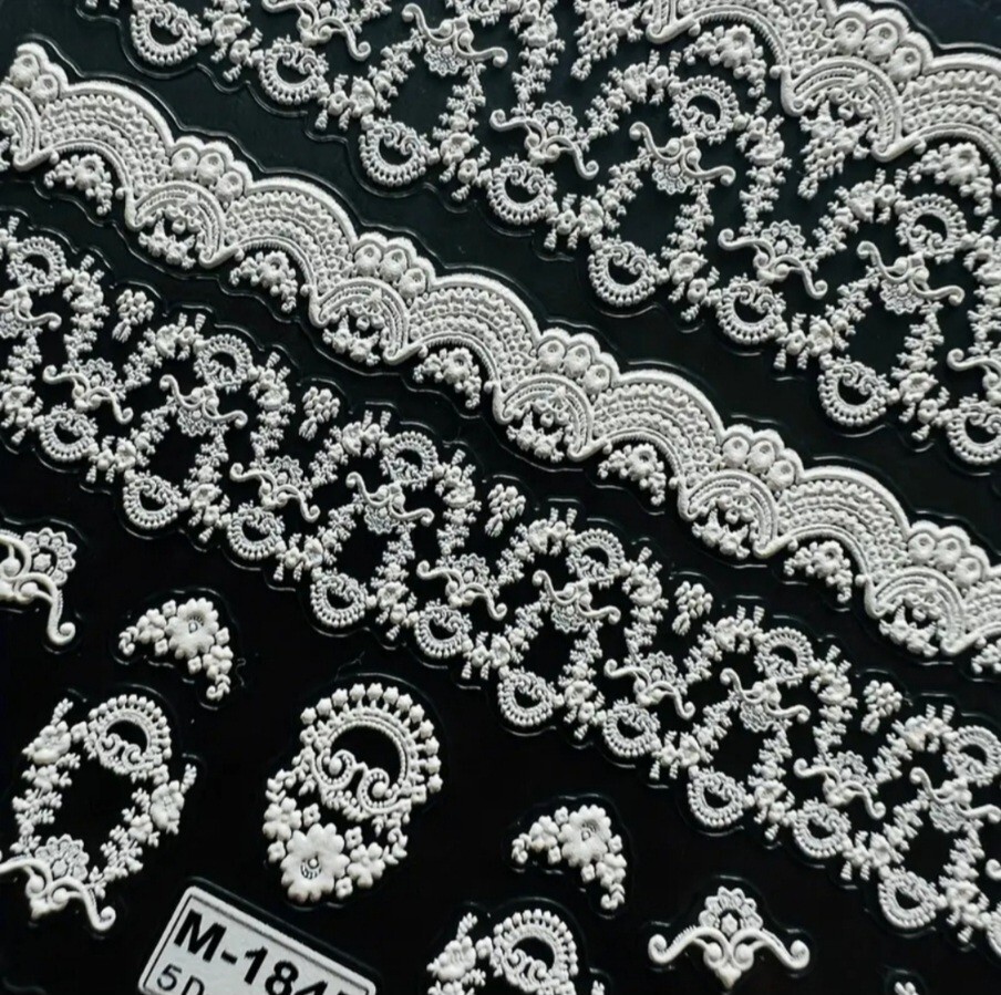 NWT 》3 SHEETS《 NAIL ART DESIGN BLACK & WHITE FAUX LACE SELF-SEAL STICKERS!