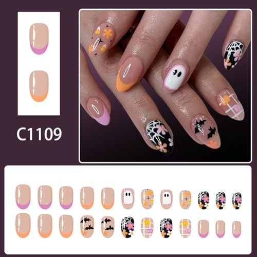 Halloween Press on Nails Short Almond Fake Nails Spooky and Style-A Style-6