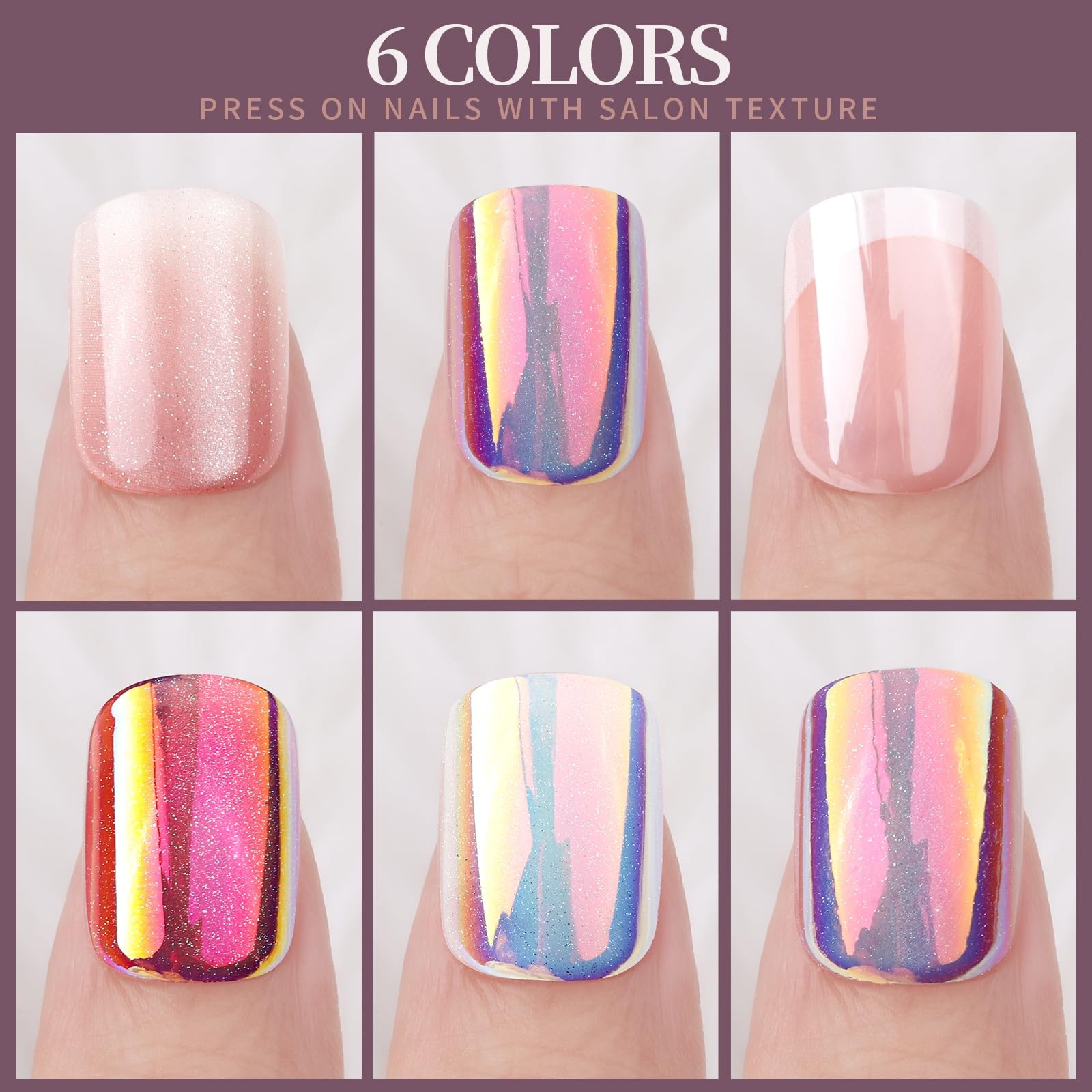 FANDAMEI Press on Nails, 6 Colors Chrome Nails Short, Cat Multicolor
