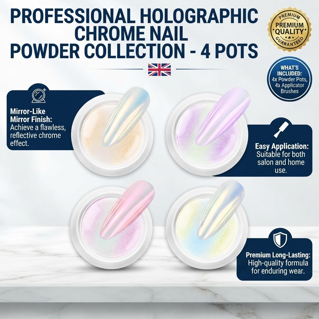 4-Piece Holographic Nail Powder Set with Pearlescent Shine for Glossy Nails
