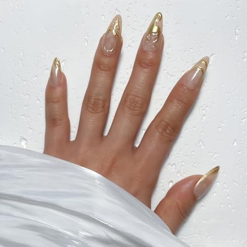 Luxury Long Almond Press on Nails – Nude Base with 3D Irregular Golden Nude