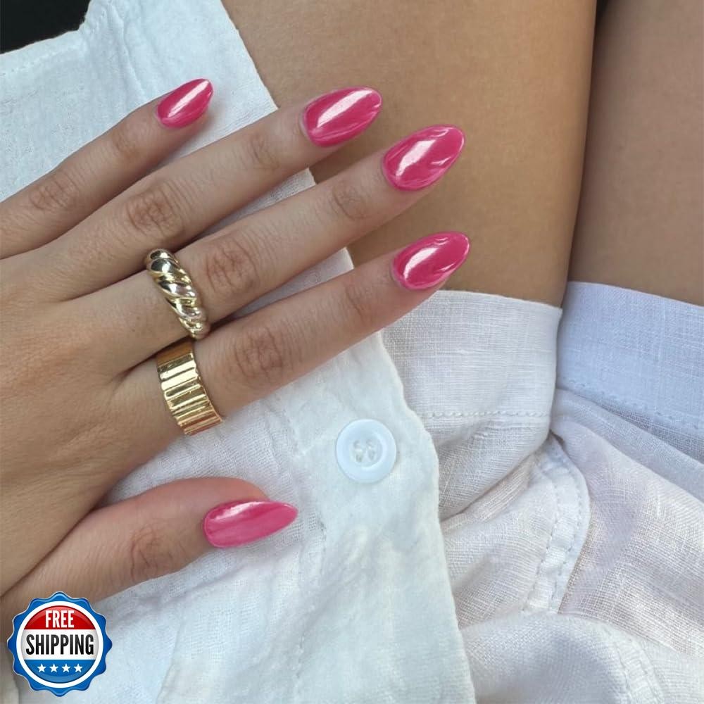 Hot Pink Chrome Press on Nails Medium Oval Fake Nails Full Cover,SXVME Hot Pi