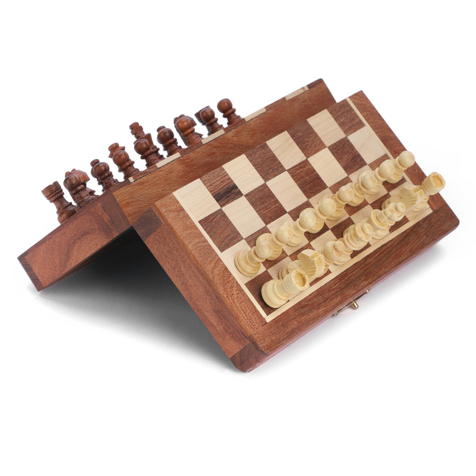 Ajuny Magnetic Travel Chess Set – Handcrafted Acacia Wood, 7×7, Brown
