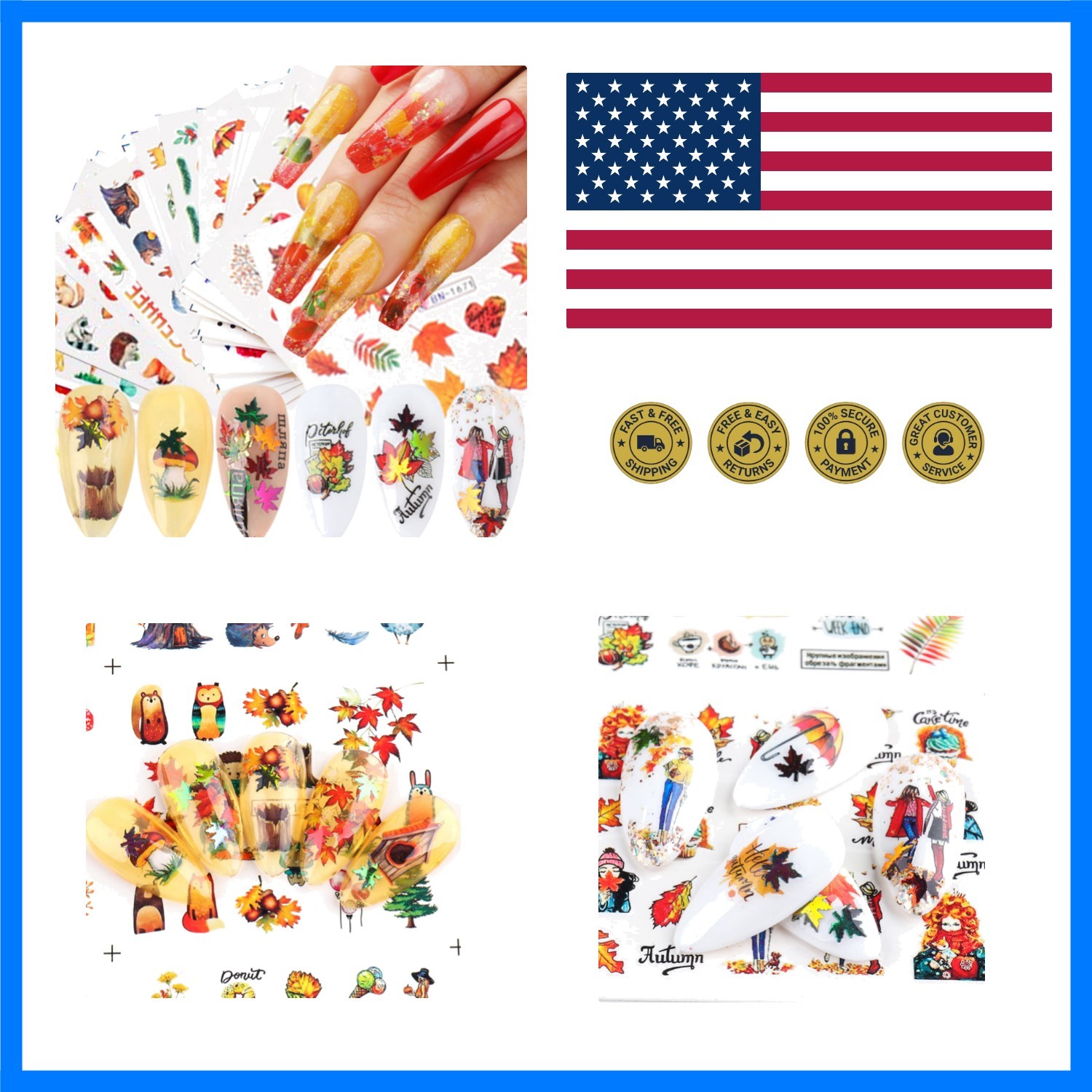 24 Sheets Fall Nail Art Decals, Holographic Autumn Leaf Water Transfer Decal …