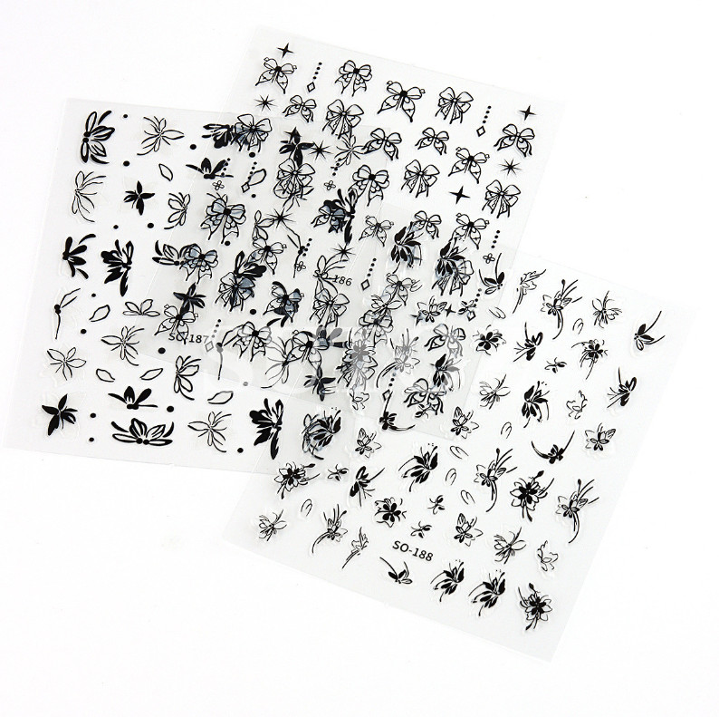 Silver Black 3D Nail Stickers Butterfly Knot Star Flower Transfer Decals NH6