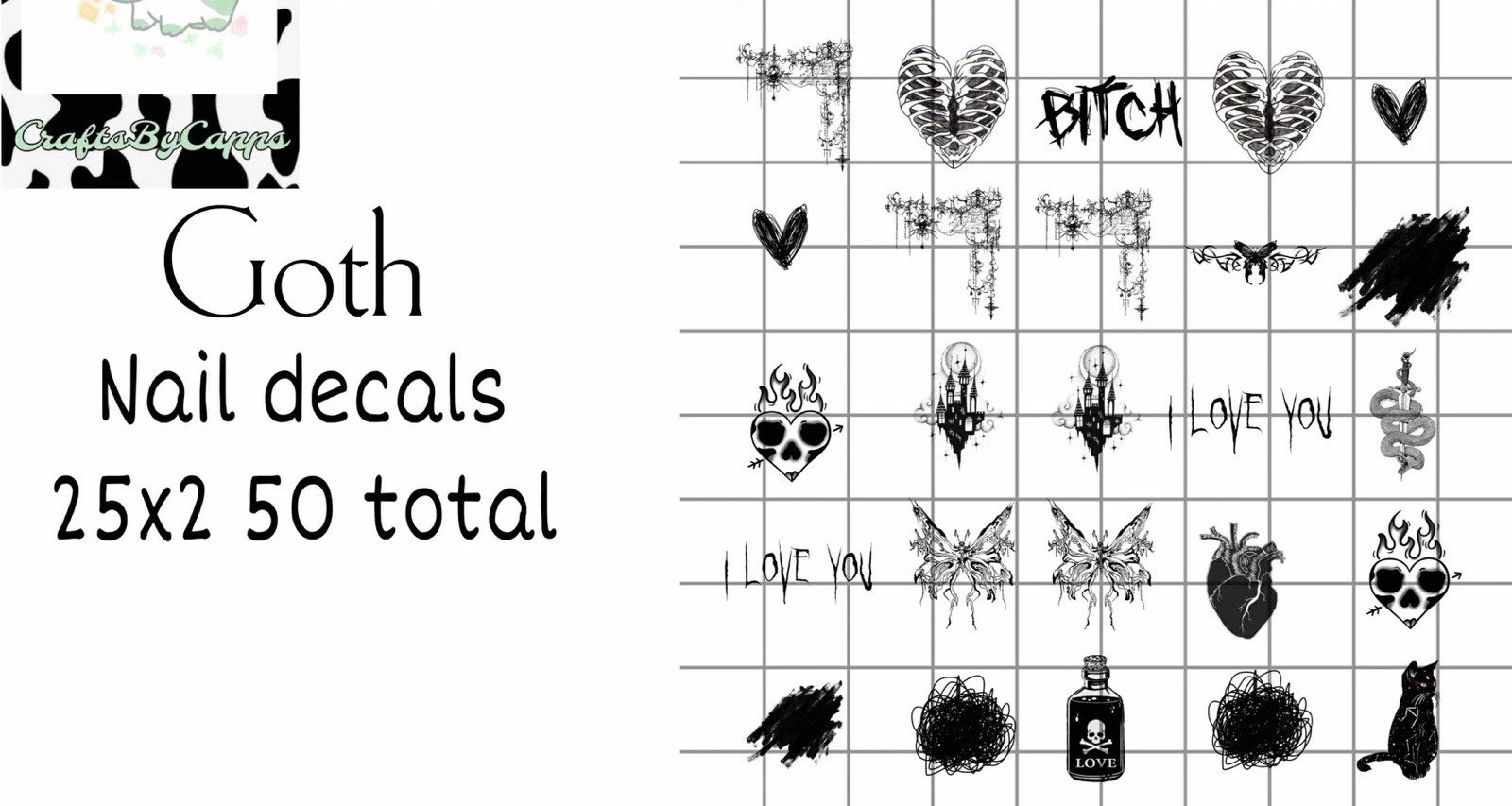 Goth Emo Punk Waterslide Nail Decals Set Of 50 Bonus Instructions KC