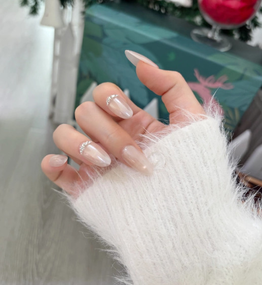 Handmade False Nail Glazed Donut Cat Eye Rhinestone Press On Nail Pearl White