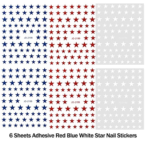 6 Sheets Red Blue White Star Nail Stickers, 3D Self-Adhesive Classic Star Nail