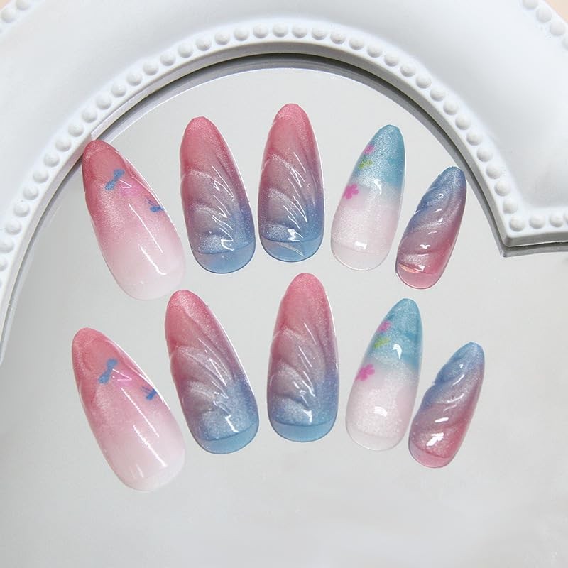 24Pcs Colorful Press on Nails Medium Almond Fake Nails Rainbow Ombre Full Cov…